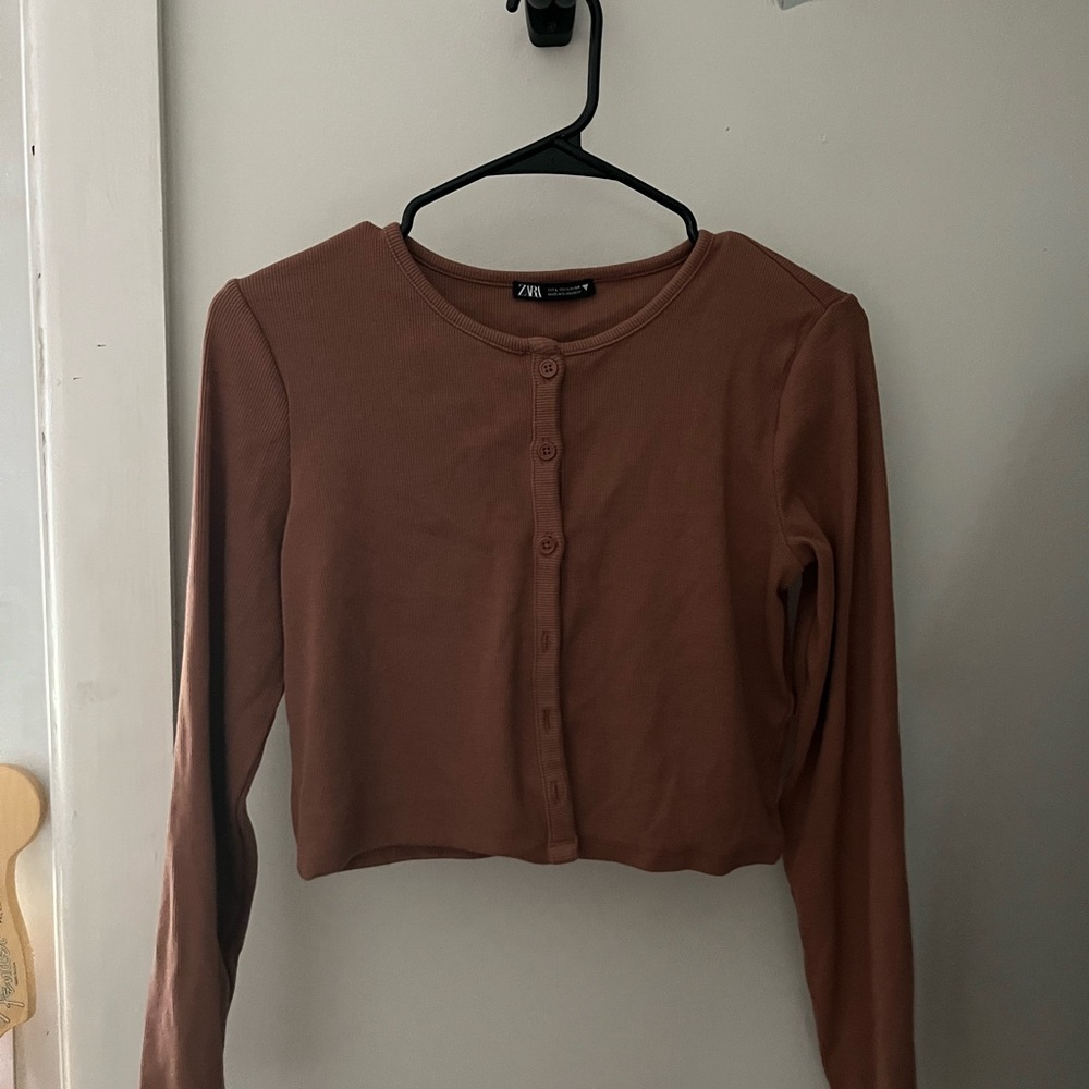 Zara Brown Long Sleeve Crop Button Down Shirt